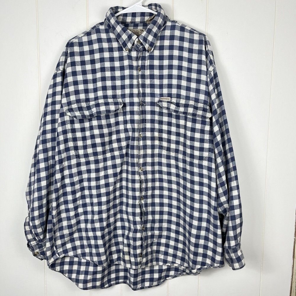 Greystone Men Flannel Shirt 2XT Tall Blue White Plaid Long Sleeve Pockets Button